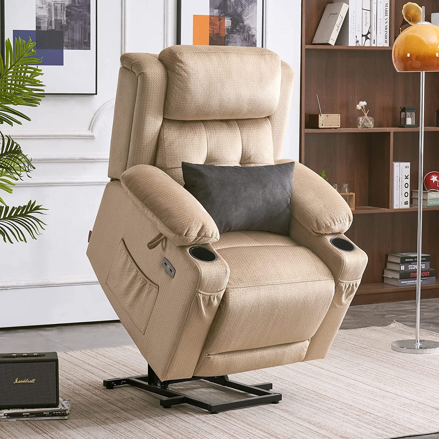 Lay Flat Lift Recliner with Power Headrest, Massage and Heat, Fabric,