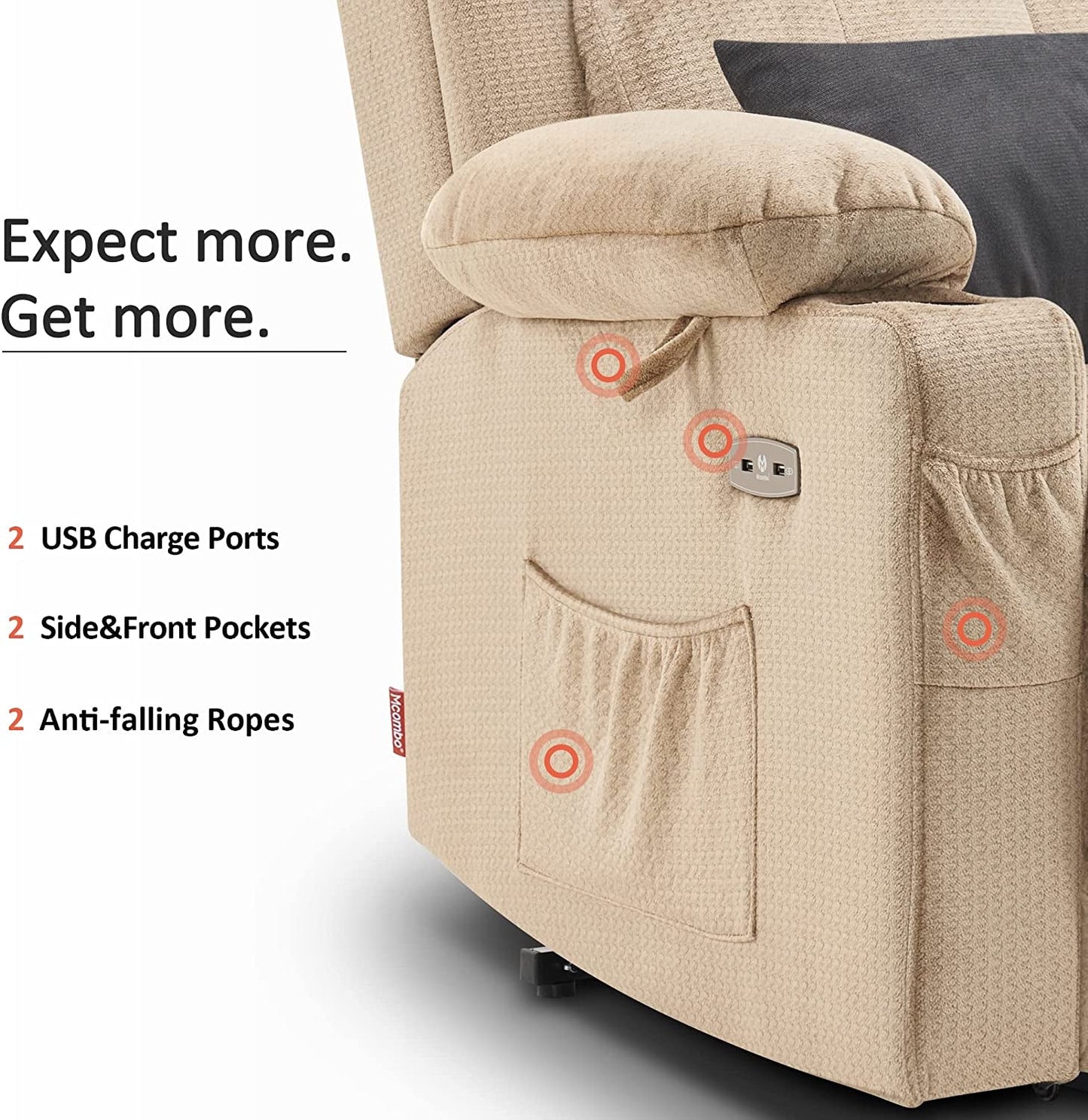 Lay Flat Lift Recliner with Power Headrest, Massage and Heat, Fabric,