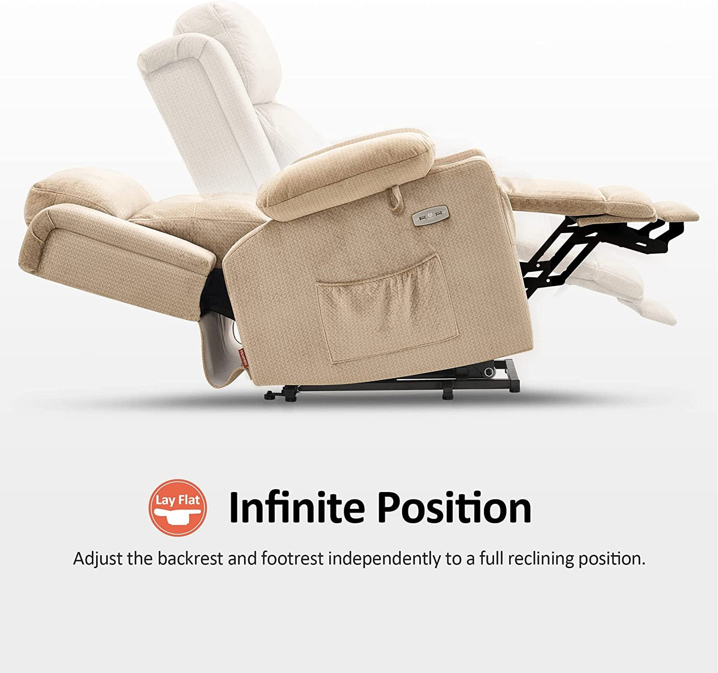Lay Flat Lift Recliner with Power Headrest, Massage and Heat, Fabric,
